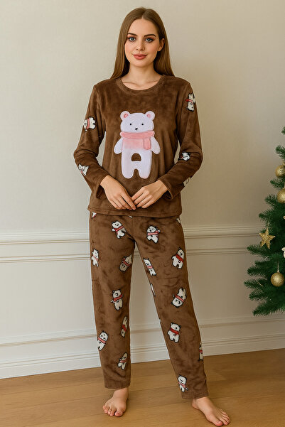 oncepetcom Teddy Bear Plush Warmth Women's Brown Pajama Set
