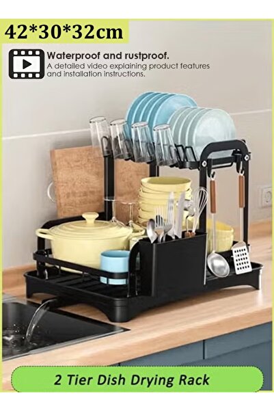 Generic 2 Tier Dish Drying Rack Draining Board Rack with Cup Holder & Tray & Drainage Pipe Dish Drainer