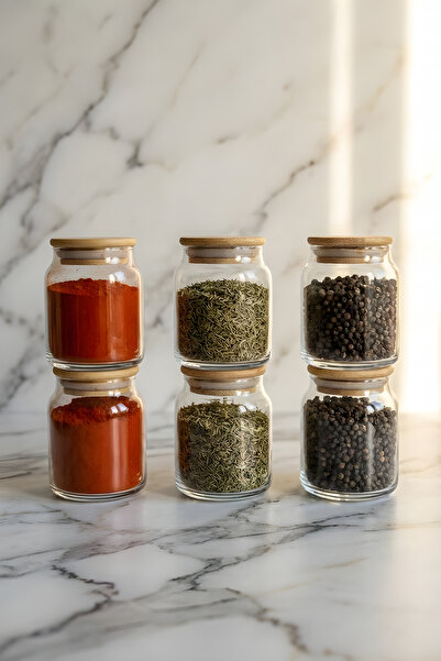 ZURİ DESİGN 6-Piece Glass Spice Jar Set – Jar Set with Bamboo Lids 275 Cc
