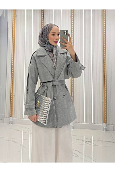 QUMRU Kuşaklı Gri Kadın Kısa Kaşe Kaban
