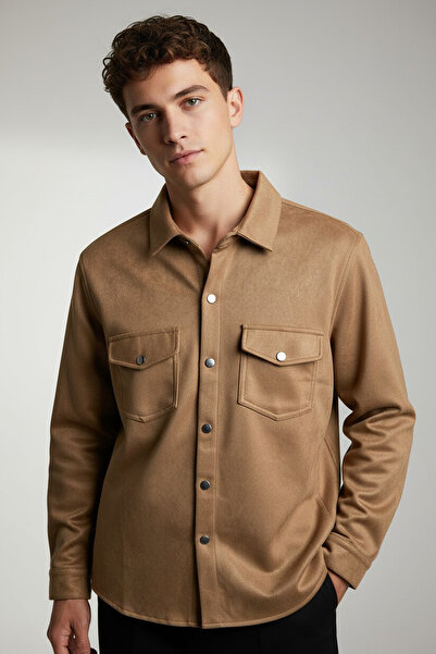 THE WOOW Erkek Nubuk/Süet Regular Çift Cepli Çıtçıtlı Camel (Taba) Gömlek Ceket