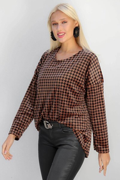 della moor Italian Brown Houndstooth Pattern Wide Fit O Oversized Velvet Blouse