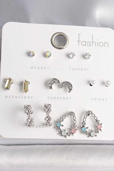 Skygo طقم أقراط نسائي من حجر الزركون والنحاس الفضي اللون بتفاصيل هلالية مكون ...