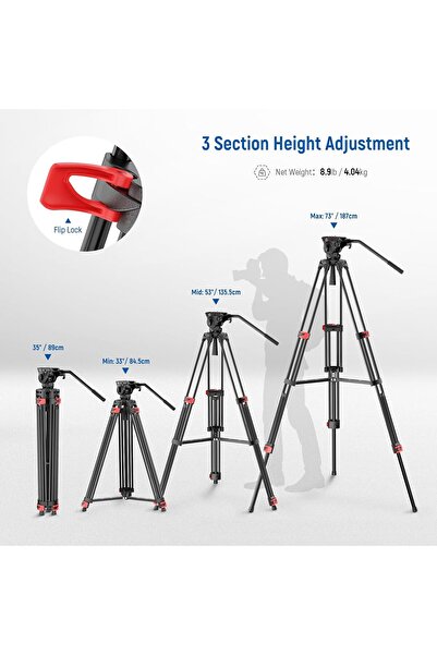 NEEWER 74" Video Tripod with Fluid Head, Heavy Duty Metal Tripod, TP37