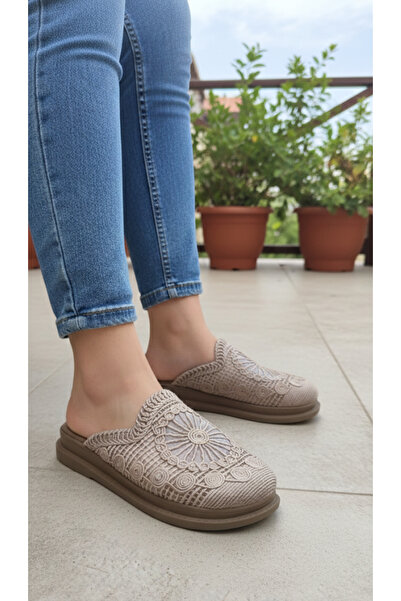 Hızlı Al Orthopedic Sole Closed Lace-Embroidered Mesh 4 Season Home and Outdoor Slippers