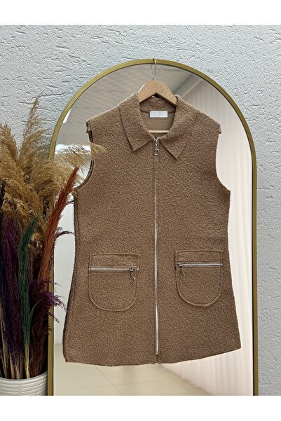 MİHRA STORE Капара жилетка с двойни джобове и цип - FS4403 Кафе
