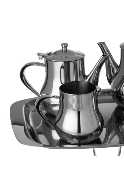 SQUALO 🌟 Luxury Stainless Steel Tea Set with Tray – 5 Pieces (1 Liter + 0.7 Liter + Sugar Bowl + Milk Pitcher + Tray 36x25) 🌟
