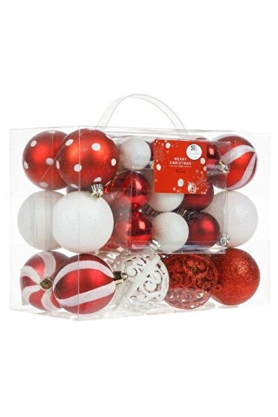 AB HOMES Christmas Bauble Set, Red & Candy White, 50 pcs, 3/4/6 cm
