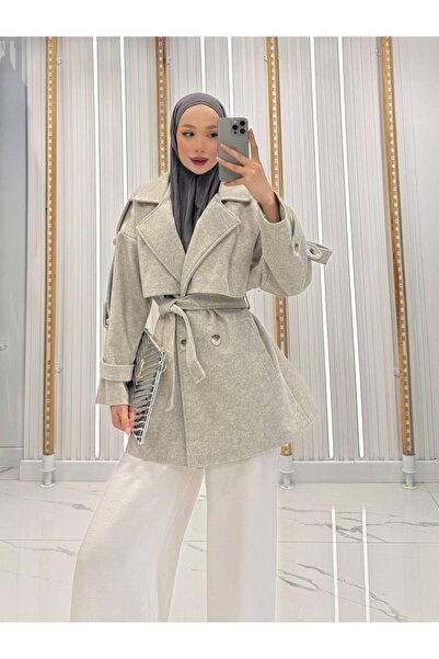 QUMRU Kuşaklı Taş Kadın Kısa Kaşe Kaban