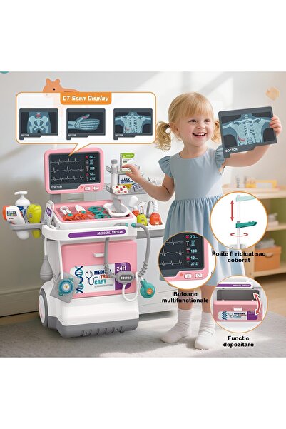 indiggo Set Medical Joaca MiniMed Hub Max Carucior 32 Piese Sunete Lumini Monitor Stetoscop Accesorii Pink