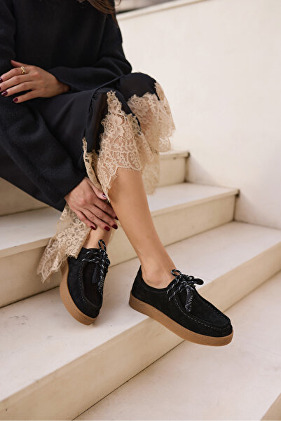 ANGELİNA JONES Lemari̇o Women's Black Suede Lace-Up Detail Rubber Sole Loafer