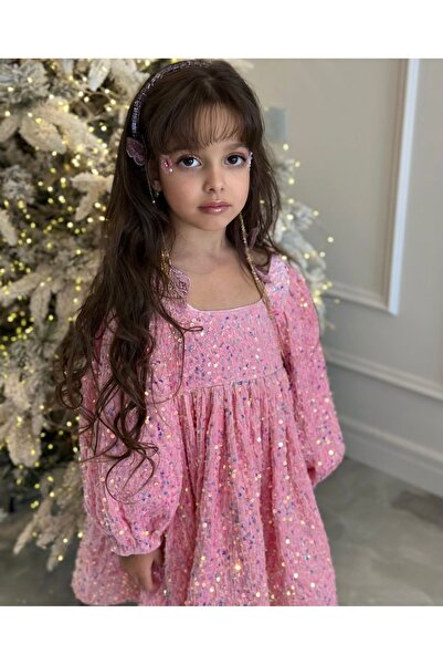 SPRINCO فستان مخملي مطرز بالترتر الوردي للفتيات