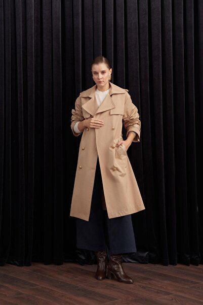 ALLDAY Μπεζ- διπλό πέτο Μακρύ παλτό με προστασία από τον αέρα