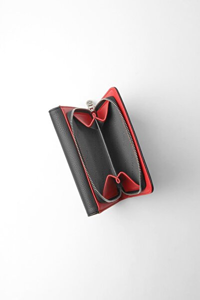 CENGİZ PAKEL Medium Size Magnetic Women's Wallet/Portfolio – 65302 - Black/Red