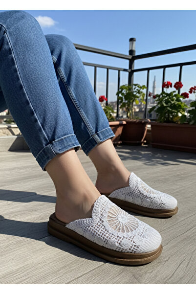 Hızlı Al Orthopedic Sole Closed Lace-Embroidered Mesh 4 Season Home and Outdoor Slippers