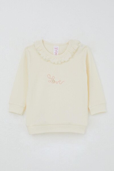 Breeze Baby Girl Pajama Set with Shoulder Pads, Ruffled Collar, Letter Embroidery, 4 Months-1 Year Old, Cream