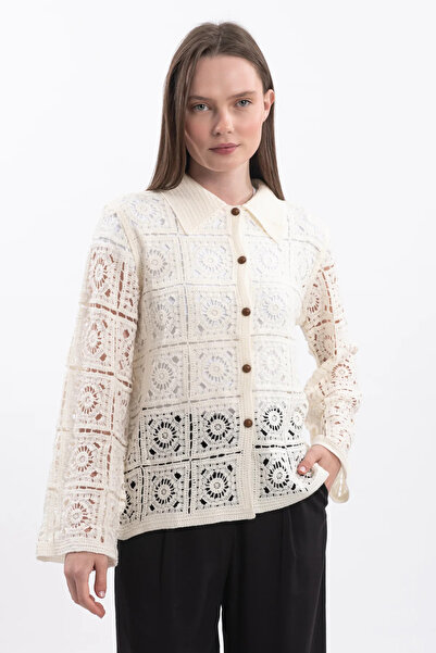 Hatun Atila Women's White Shirt Collar Lace-Like Knit Süzene Shirt 5120