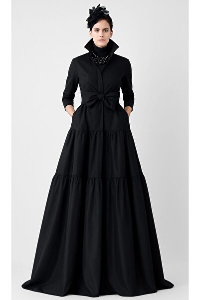 ALYEL NAKER Kuşaklı & Fırfır Detaylı Maxi Tafta Şık Gömlek Elbise