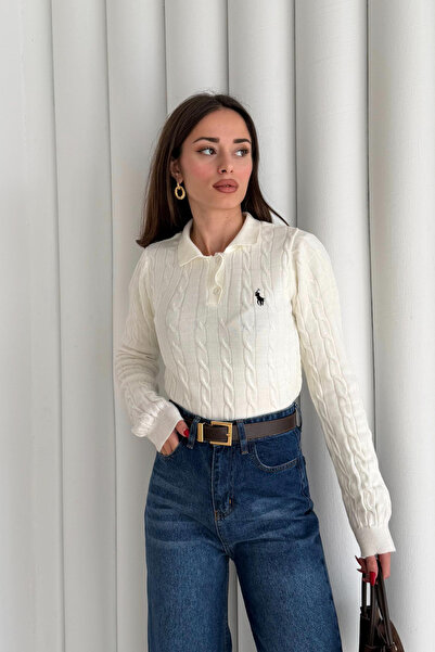 VİYAMOD Beyaz Yarım Pat Düğmeli Polo Yaka Burgu Örgü İnce Triko – Slim Fit Kadın Kazak