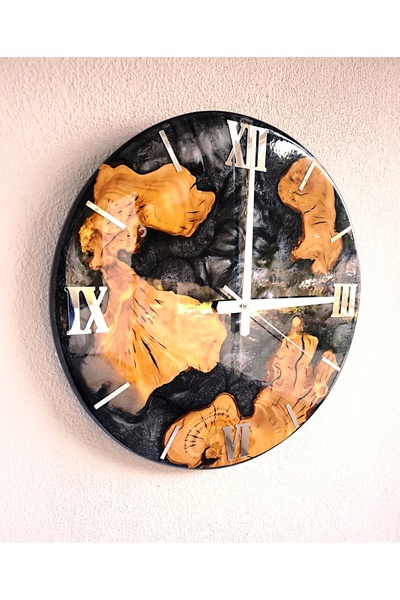 Demet Art Studio Reçineye Hayat Veriyoruz Epoksi Zeytin Kütüklü Sedefli Siyah Renkli 40 Cm. Özel Tasarım Duvar Saati