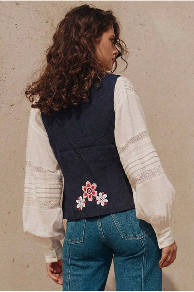 FEMELLE Women's Black Breast-Tied Embroidered Cotton Vest