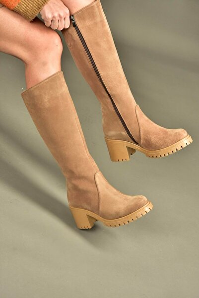 Fox Shoes R654047702 Tan/Brown Genuine Leather Suede Thick Heeled Women's Boots