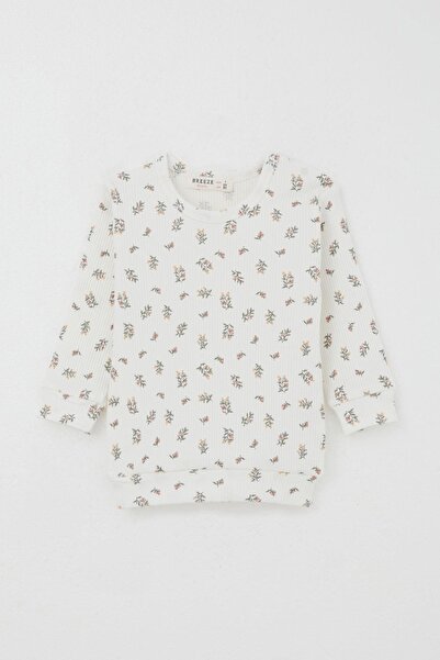 Breeze Baby Girl Pajama Set with Patch on Shoulder, Floral Patterned, 4 Months-1 Year Old, Ecru