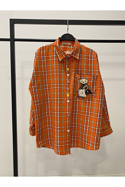 Hatun Atila Hatunatila Plaid Pocket Teddy Bear Embroidered Shirt 8761 Orange