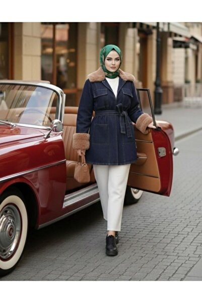 Hb Harma Time Butik Women's Fur Detailed Belted Pocketed Dark Denim Blue Jacket