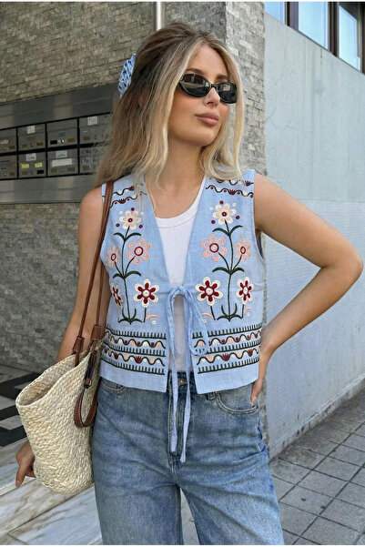 FEMELLE Жіночий синій бавовняний жилет з вишивкою та зав'язками на грудях