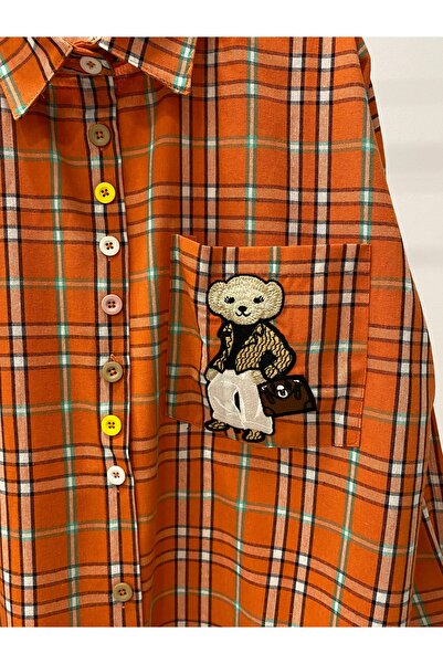 Hatun Atila Hatunatila Plaid Pocket Teddy Bear Embroidered Shirt 8761 Orange