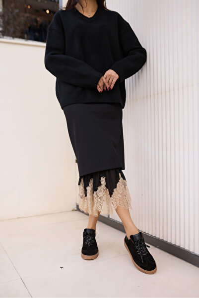 ANGELİNA JONES Fi̇ori̇n Women's Black Genuine Leather Suede Sneaker