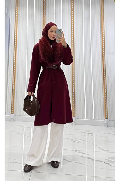 QUMRU Yakası Kürklü Kemerli Bordo Kaşe Kaban