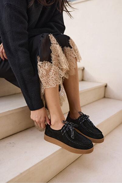 ANGELİNA JONES Lemari̇o Women's Black Suede Lace-Up Detail Rubber Sole Loafer