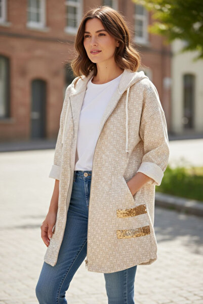 SEAY ITALY Kadın İtalyan Bengalin Likralı Cep Armalı Fermuarlı Kapşonlu Trençkot