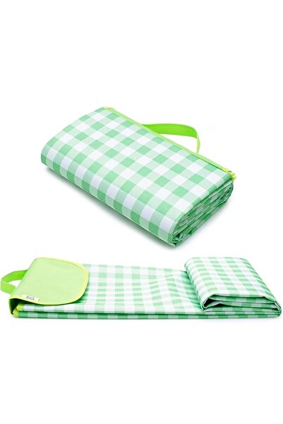OEM Picnic and beach rug, waterproof, with handle, 200×150 cm, Premium – green with white checks