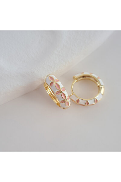 Norevia Beyaz Pembe Mineli Çiçek Desenli Halka Küpe