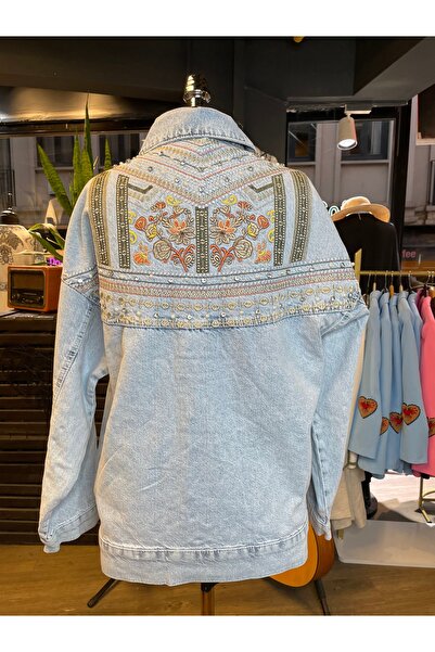 Dadali Women's Stone Embroidered Embroidered Long Sleeve Cotton Denim Jacket