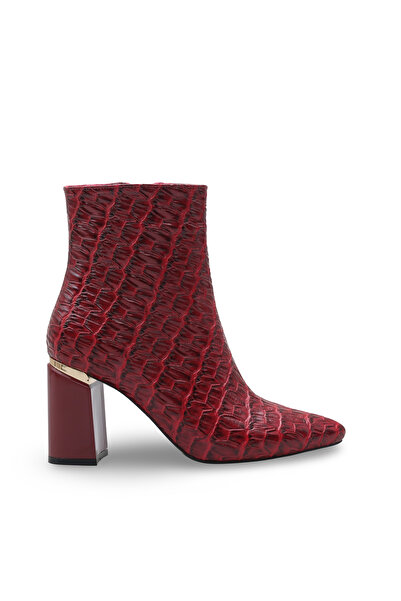 Women Lay-z Women's Burgundy Crocodile Pointed Toe Boots Offer a Stylish and Modern Style with a 8.5 cm Heel and Gold Detailing.