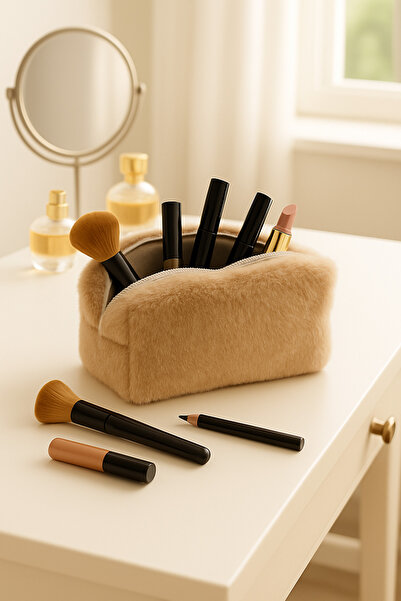 Pazar Kapısı Plush Soft Makeup Bag - Cosmetic Organizer Brown