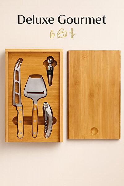 STYLUX Set cadou Bamboo Wine & Cheese Deluxe, 4 piese, cutie bambus premium, ...