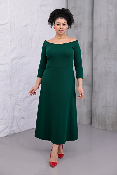 Madwilo Γυναικείο φόρεμα με φαρδύ πράσινο γιακά, με φαρδύ μανίκι, ελαστικό, μεγάλο μέγεθος