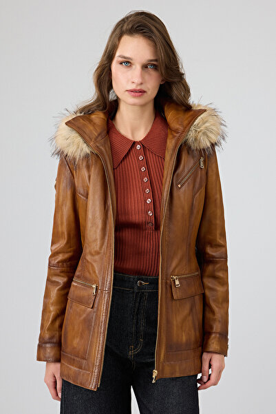 Derimod Donatella Women's Camel Belted Hooded Leather Coat 25Wge5326Nc