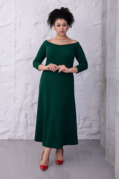 Madwilo Γυναικείο φόρεμα με φαρδύ πράσινο γιακά, με φαρδύ μανίκι, ελαστικό, μεγάλο μέγεθος