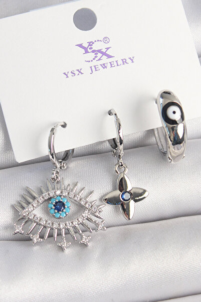 Skygo أقراط نحاسية فضية اللون من حجر الزركون على شكل عين الشر مكونة من 3 قطع ...