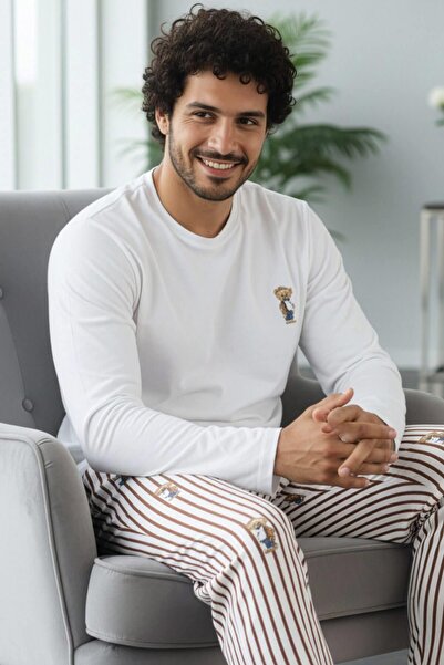 Pijamaevi Σετ πιτζάμες με μακρυμάνικο ανδρικό στυλ με σχέδιο λευκού αρκούδα