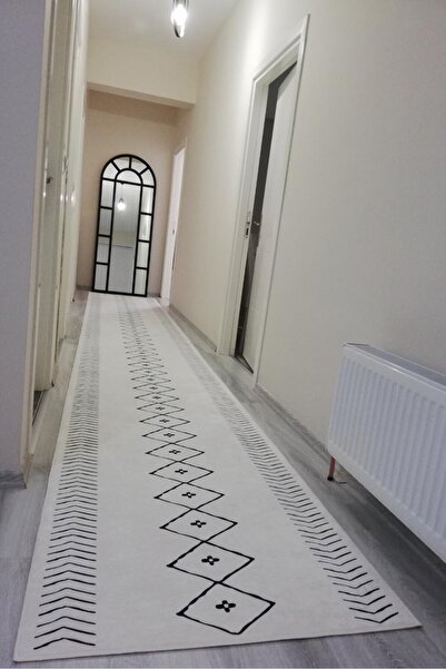 VOPTEKS Beyaz Siyah Halı Yolluk Makinede Yıkanabilir Halı Kaymaz Taban Halı