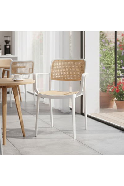 M D M W N Plastic chair with rattan mesh back and armrest