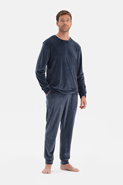 Dagi Σετ πιτζάμες με μακρυμάνικο βελούδινο μπλουζάκι με λαιμόκοψη σε μπλε ναυτικό