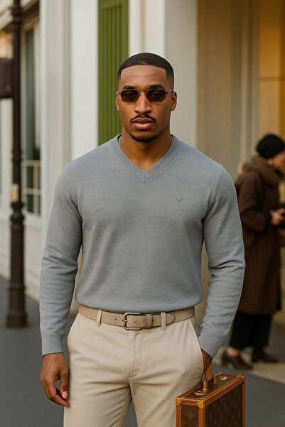 Maccali Men's Trend Casual Loose Long Sleeve V-Neck Gray Sweater